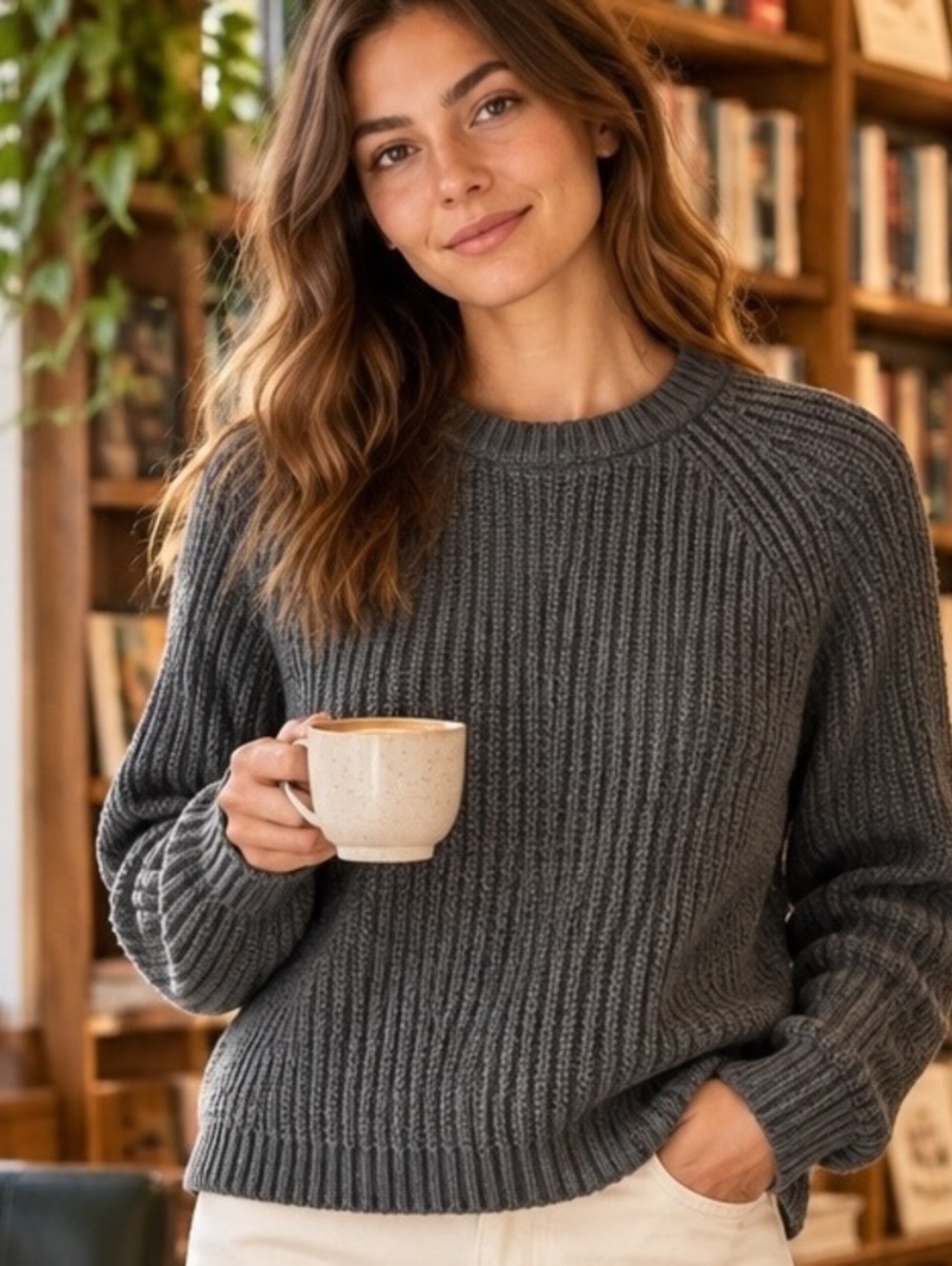 Quince Fisherman Crewneck Organic Cotton Sweater Charcoal XS